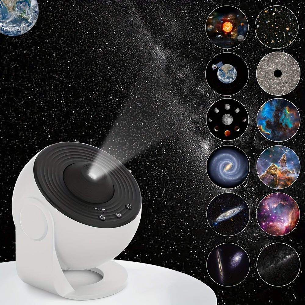 Galaxy projector light with 360° rotation, 12 HD film pieces for a starry bedroom atmosphere, ideal Valentine's Day gift.