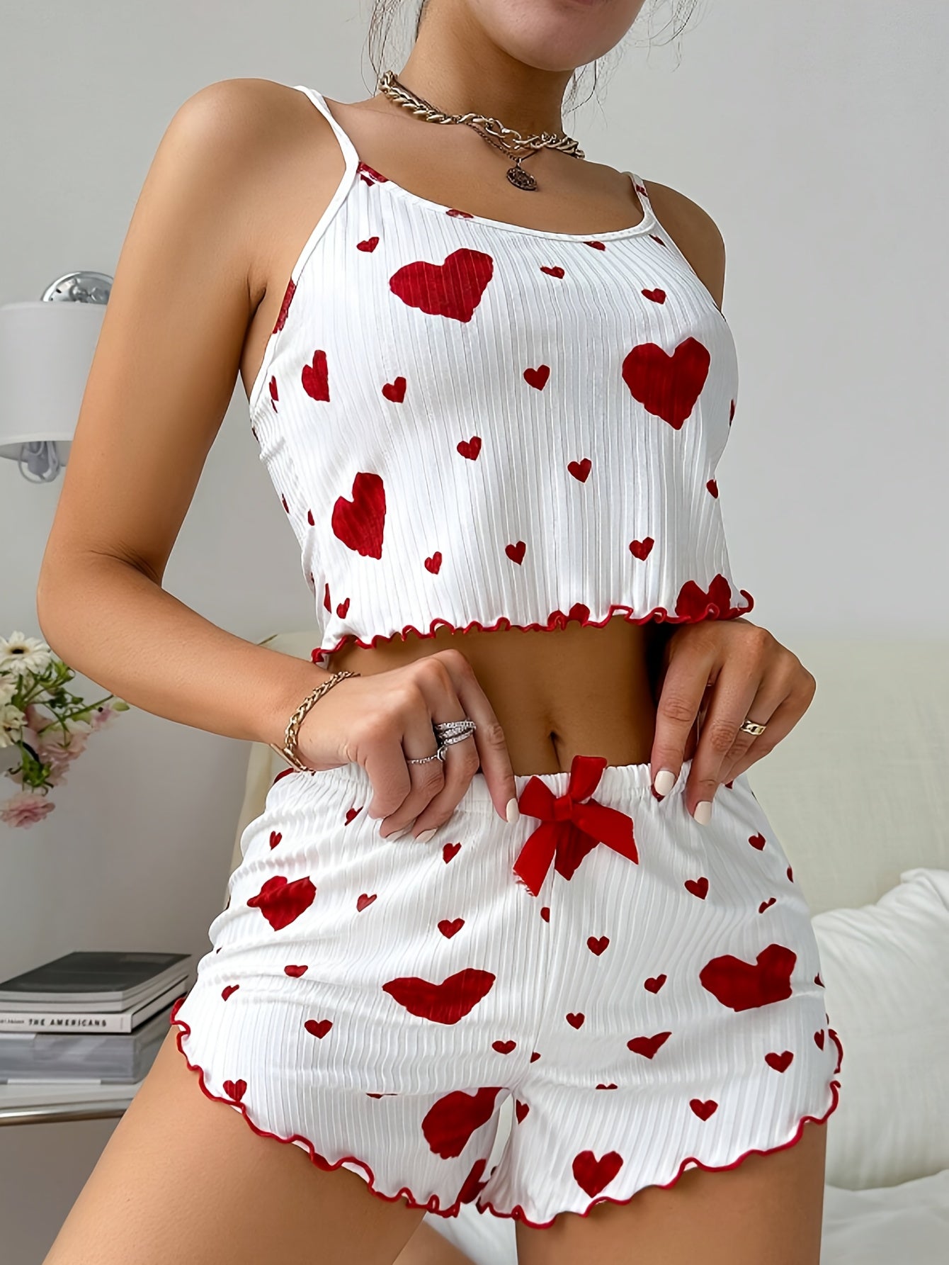 Heart print ribbed pajama set for women includes a backless crop top, shorts, and is perfect for summer nights.