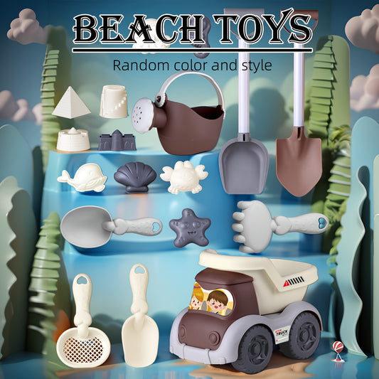 Exciting new beach toy set with toy car, shovel, bucket, and tower to spark children's creativity and summer fun at the beach. Random style and color.