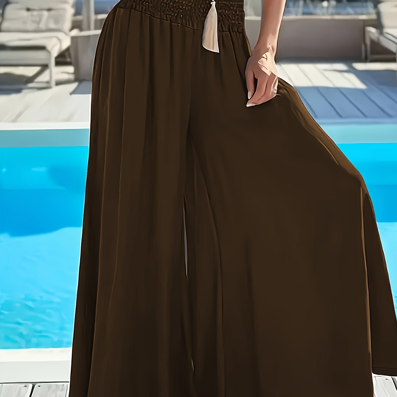 Plus size women's high-waisted wide leg pants in solid green polyester with tassel detail, perfect for comfortable casual outings.