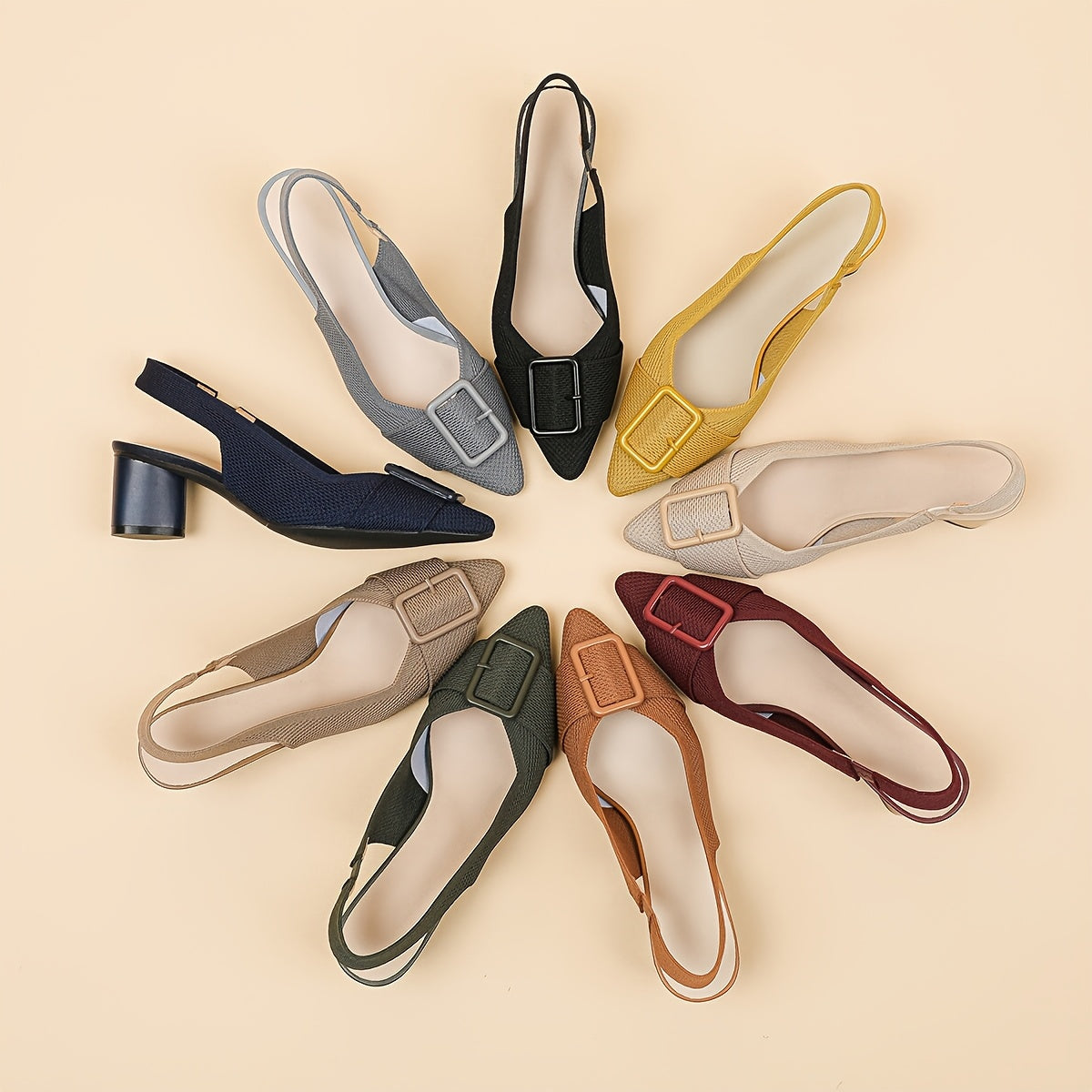 Women's mid-heel pumps with breathable knit, pointed toe, slip-on style, and chunky heel for all seasons.