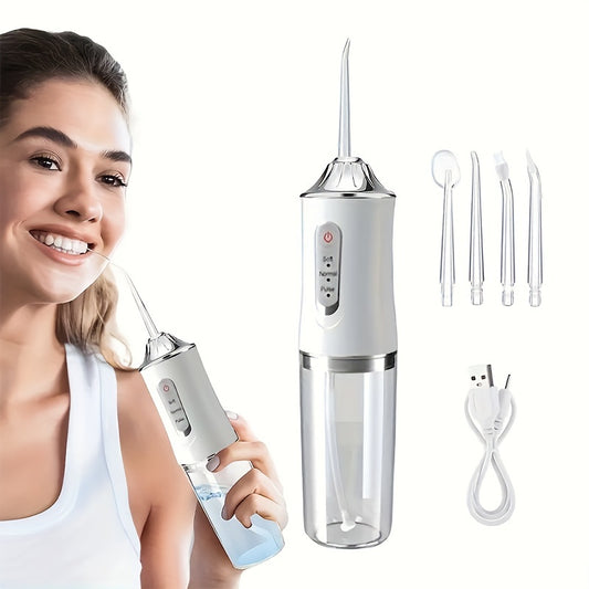 Portable water flosser with rechargeable battery, USB charging, 3 modes, 4 nozzles, plastic material for deep cleaning teeth.