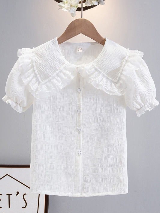 Girls' Short Sleeve Ruffle Blouse with Embossed Chiffon and Lace Collar, Sweet Bubble Sleeves, White School Shirt for Toddlers & Kids