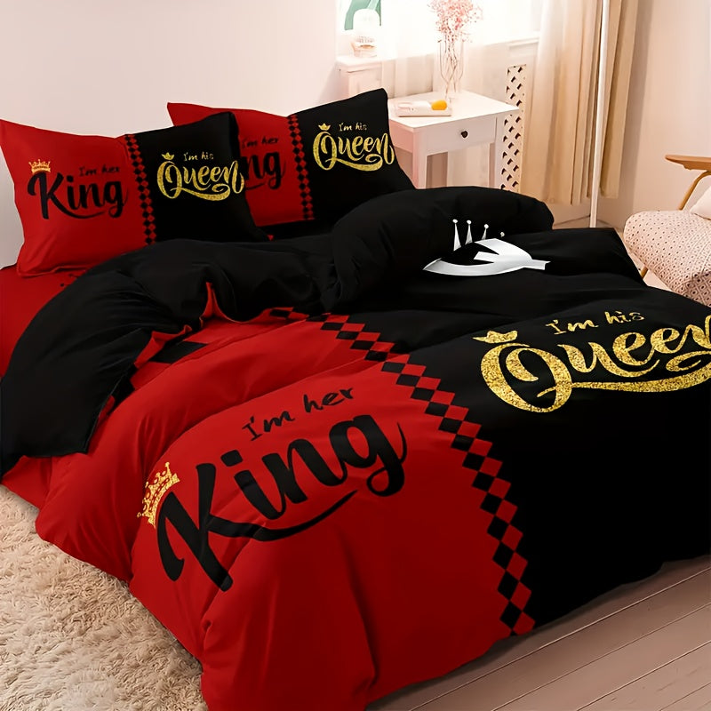 King & Queen Crown 3pcs Duvet Cover Set - Soft Breathable Polyester, Zipper Closure - Includes 1 Duvet Cover & 2 Pillowcases, Machine Washable, Digital Print