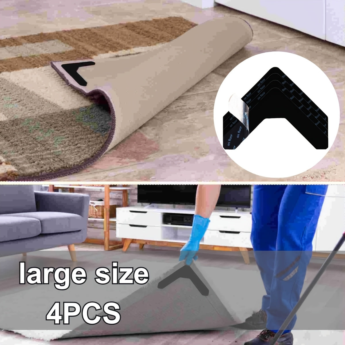 Pack of 4/8 PET carpet corner stickers, with non-slip reusable double-sided tape for washable anti-rolled edges. Perfect for indoor, office, and auto use. Can be cut to fit and used as floor mat fixing clips.