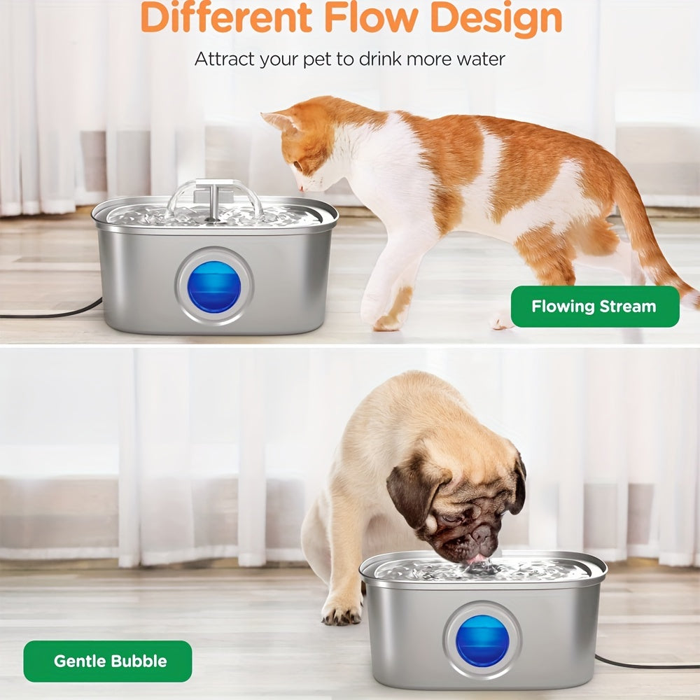 3.2L stainless steel cat water fountain with water level window, USB rechargeable automatic dispenser for indoor cats with quiet pump and faucet design.