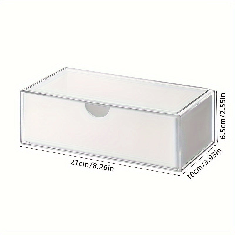 Cosmetics storage box with drawers, stackable design for bathroom and bedroom organization.