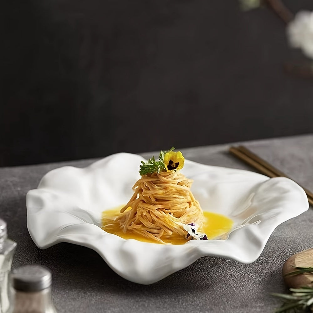 Single white ceramic dish, versatile for afternoon tea, pasta, molecular cuisine, diet meals, desserts, salads, and fruits. Ideal for home or restaurant parties.