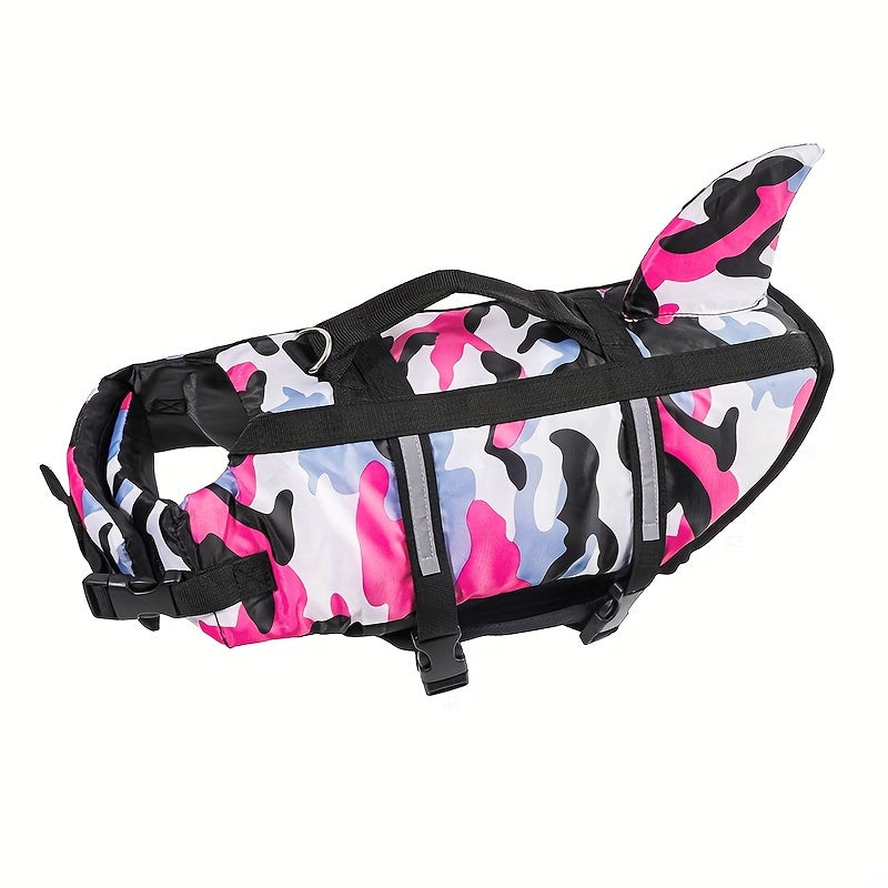 Adjustable lightweight dog life vest with rescue handle, featuring shark design for outdoor surfing and beach activities.