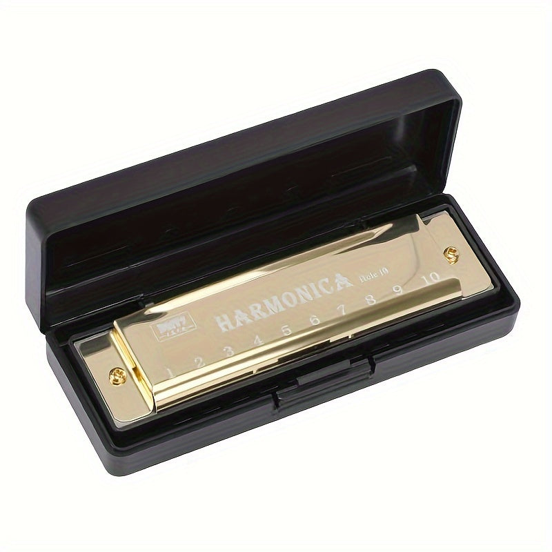 Beginner-level, stainless steel harmonica in golden color with 10 holes and protective case. Perfect gift option.