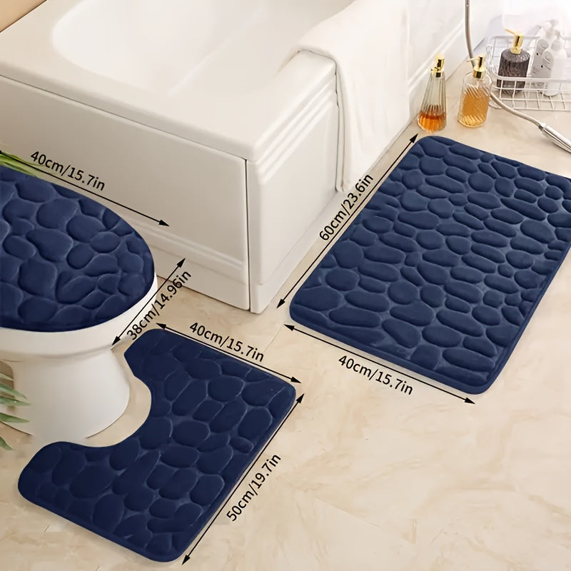 3 geometric-pattern bath rugs set with non-slip knit weave, machine-made from polyester. Soft and absorbent sponge material. Includes toilet mat. Hand wash only.