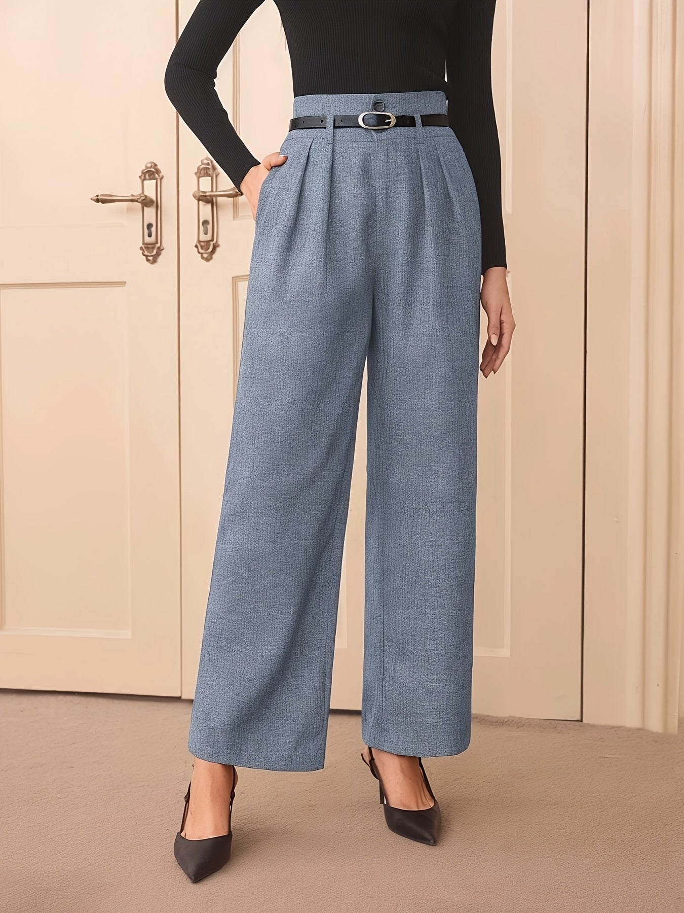 Elegant high-waist gray wide leg pants for women - polyester blend, non-stretch solid color, long with button detail, all-season wear.