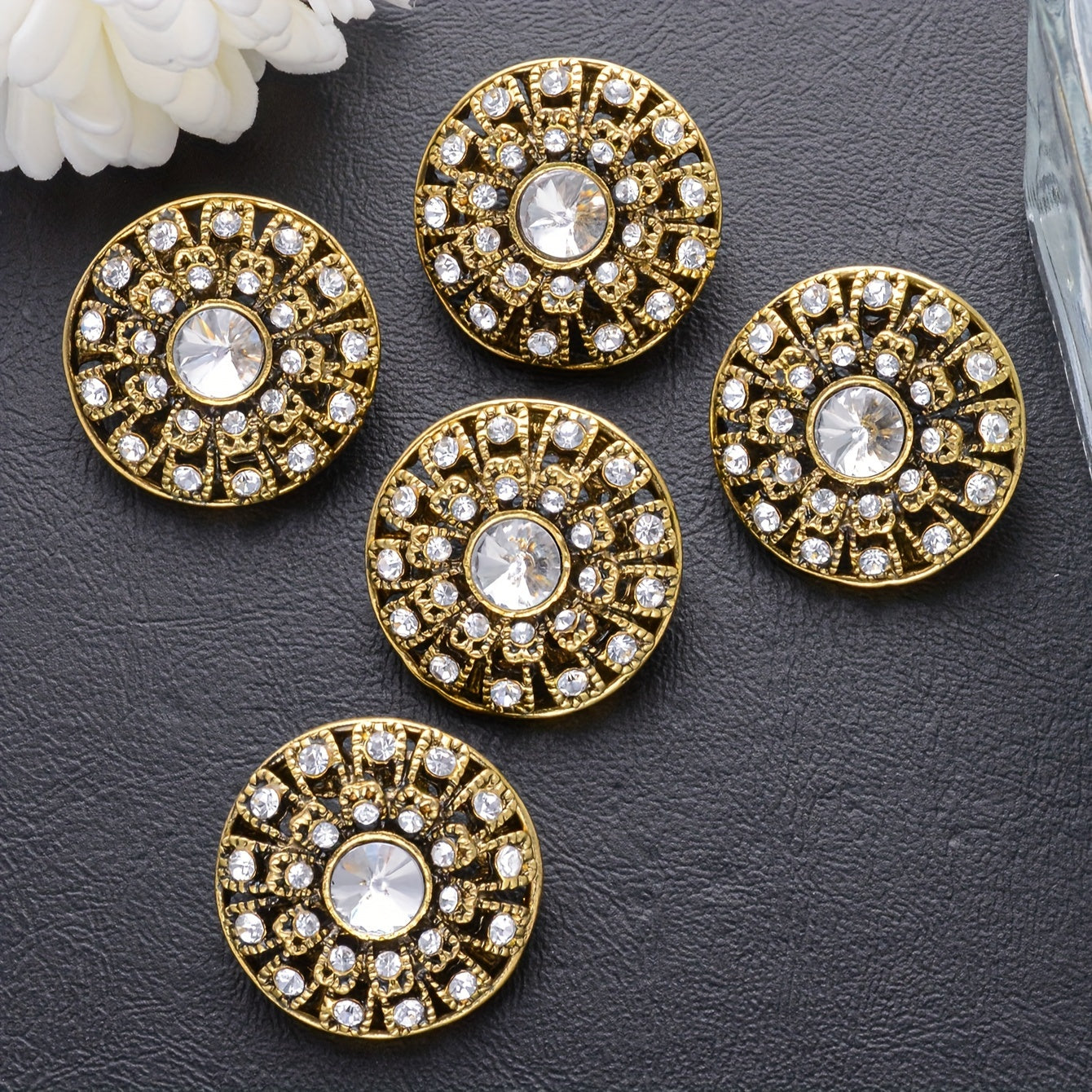 Set of 5 Vintage Round Rhinestone Buttons - Stylish Hollow Design for Sweaters, Blazers, Coats, and DIY Fashion Projects