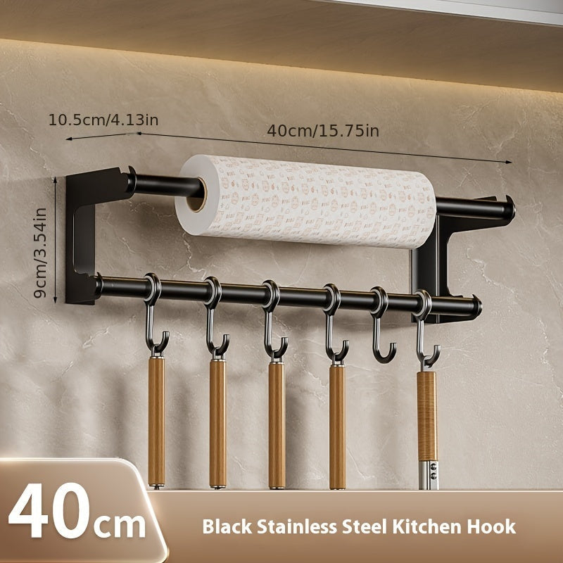 Wall-Mounted Stainless Steel Kitchen Organizer with Tissue Holder, Hook Rack for Utensils and Accessories Storage