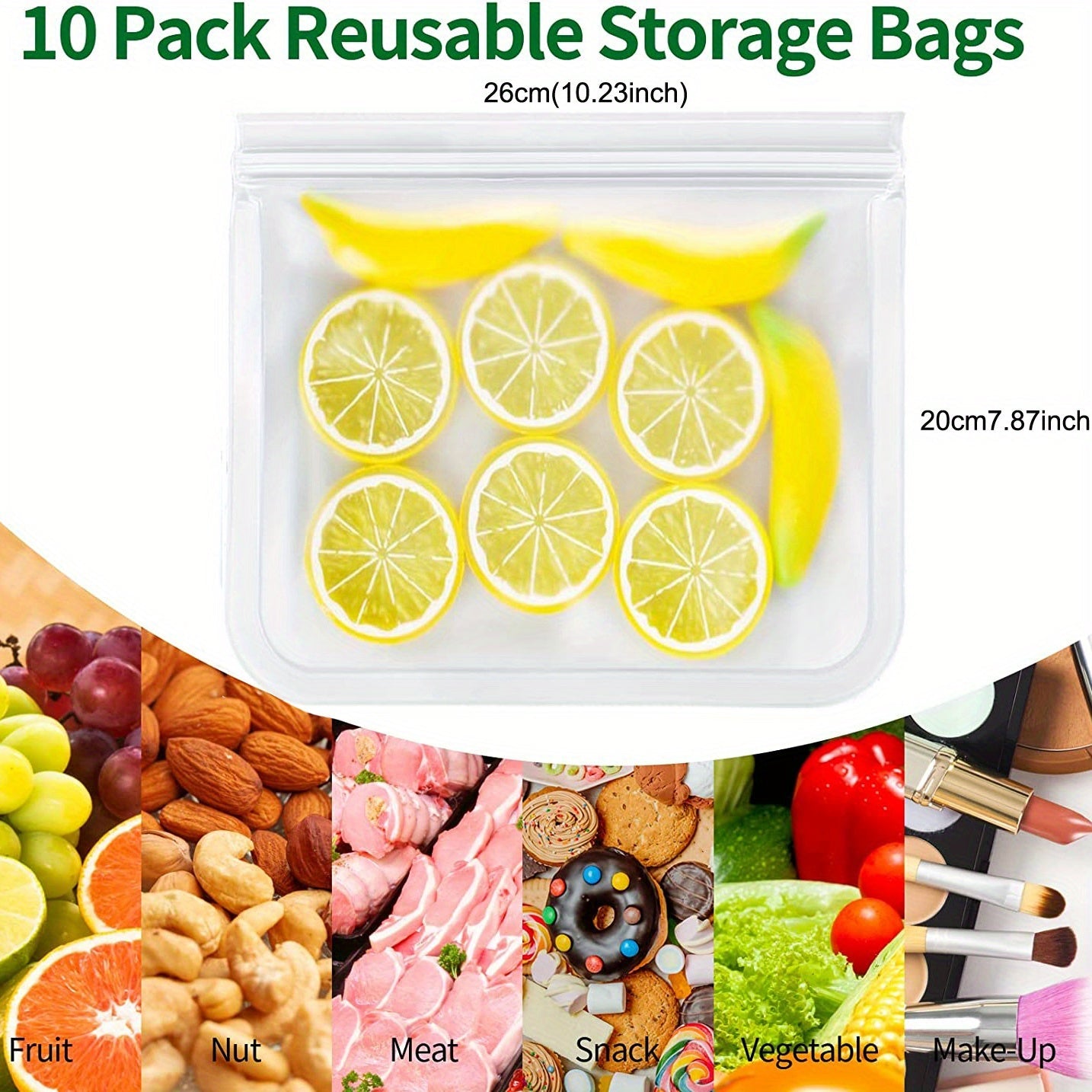 Dishwasher Safe Reusable Freezer Bags - Set of 10, BPA-free and Extra Thickened. Leakproof Silicone and Plastic Free Storage Bags for Meats, Cereal, Sandwiches, Snacks, and Organizing Your Kitchen. Includes Kitchen Accessories for Easy Storage.