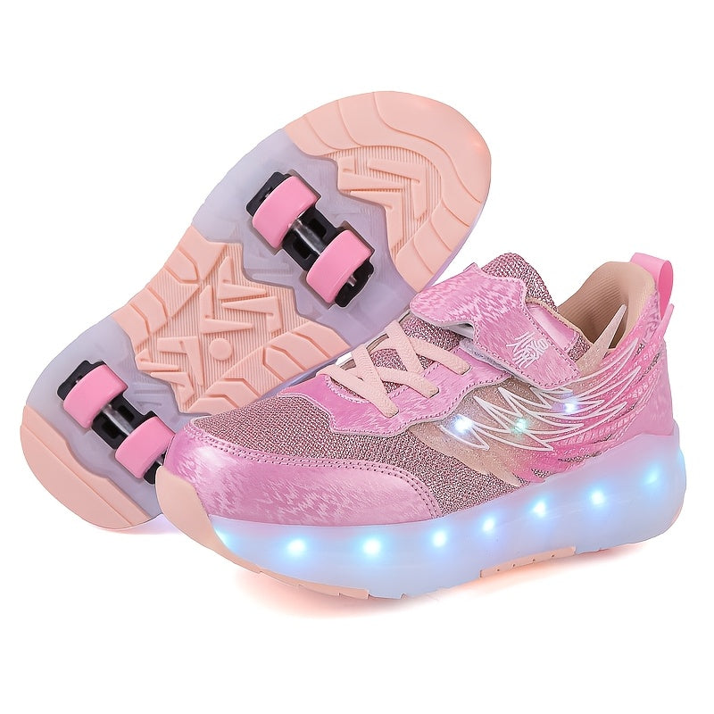 LED light-up roller skates for boys and girls, USB rechargeable with 4 wheels. Breathable and durable for indoor/outdoor use. All-season sports shoes with secure fit closure. Trendy glowing