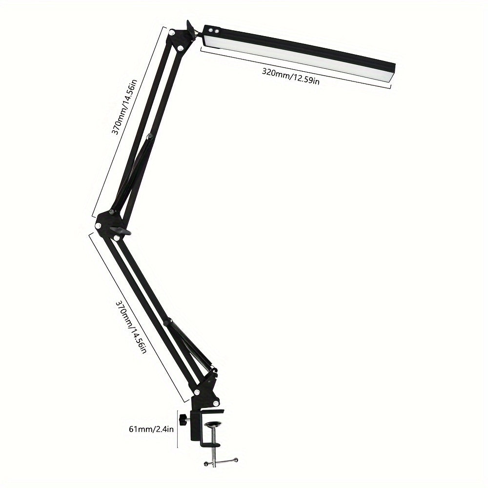 Adjustable LED desk lamp with clip-on base, USB powered, 3 color temperatures & 10 brightness levels. Modern swing arm design for office, reading, and study.