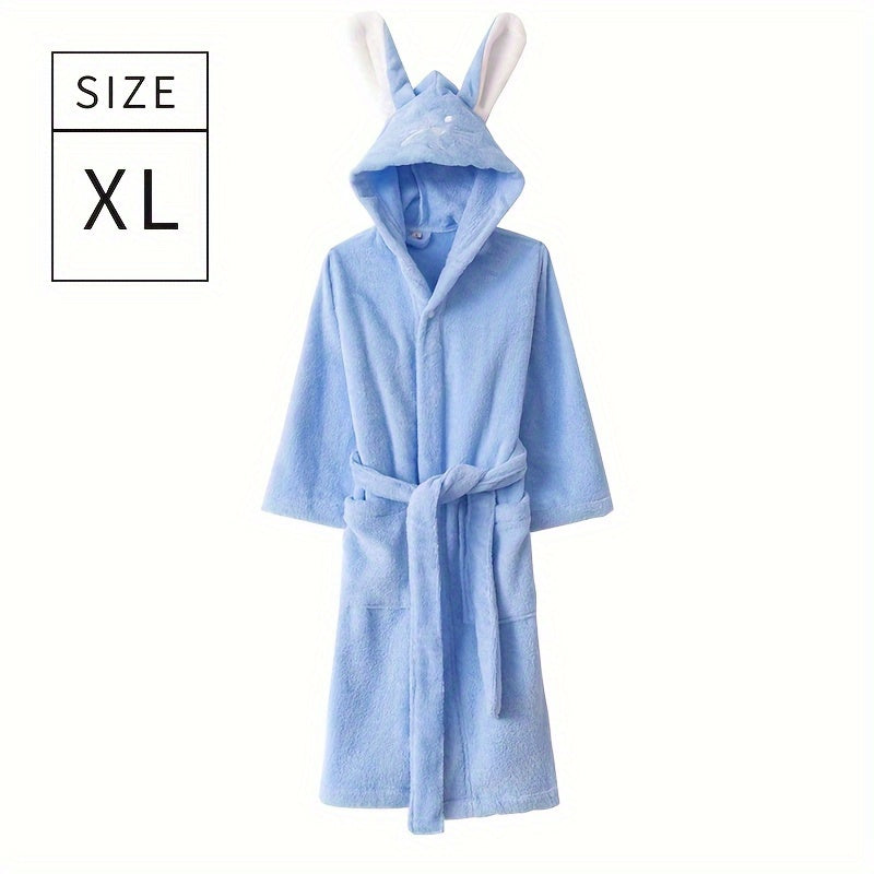 Children's bathrobe with cute rabbit face design, made of quick-drying absorbent cotton. Perfect for home or bathroom use.