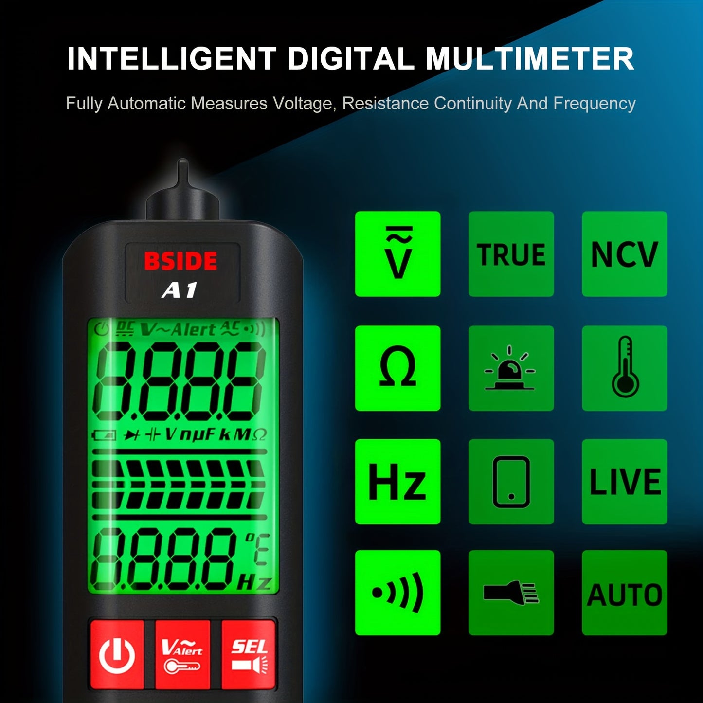 BSIDE A1 Smart Digital Multimeter with Flashlight - Non-Contact, Fast & Accurate Testing for Voltage, Current, Resistance, Continuity & Temperature, Live Wire Alert, Durable & Safe