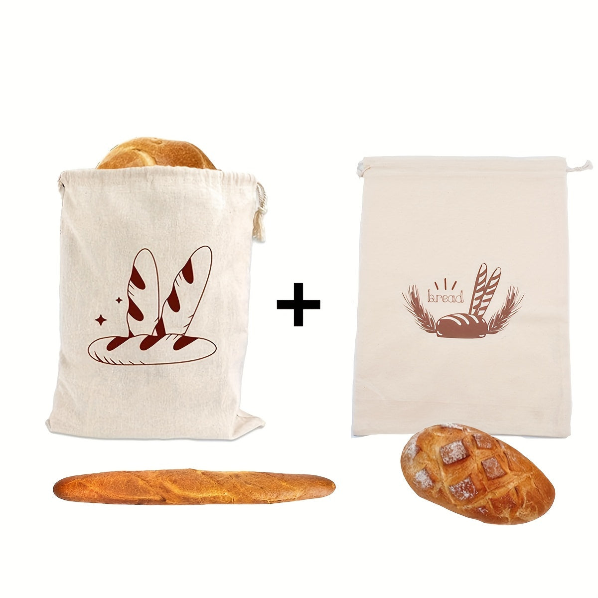 Set of three linen bread bags designed for storing homemade and artisan bread. These reusable fabric containers are unbleached and feature a drawstring closure for safe food contact.