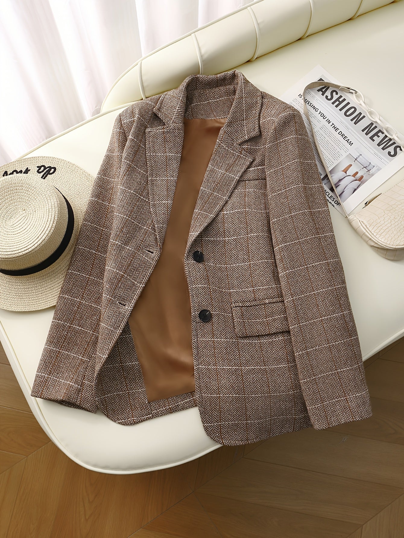 Women's Elegant Plaid Polyester Blend Blazer with Pockets, Long Sleeve, Regular Fit, Single Breasted, Suitable for Fall/Winter Season, Versatile Suit Jacket, Spandex Fabric