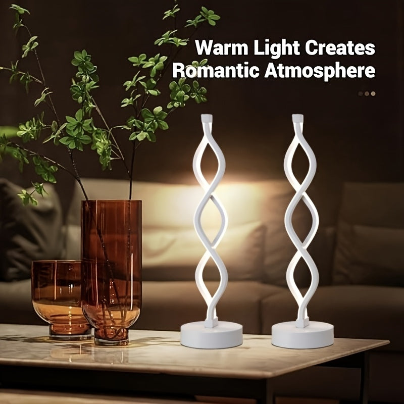 Set of 2 Color Changing Spiral LED Table Lamps with modern design, adjustable color, USB powered, no battery required. Ideal for bedroom, living room, bathroom, fantasy themed home decor.