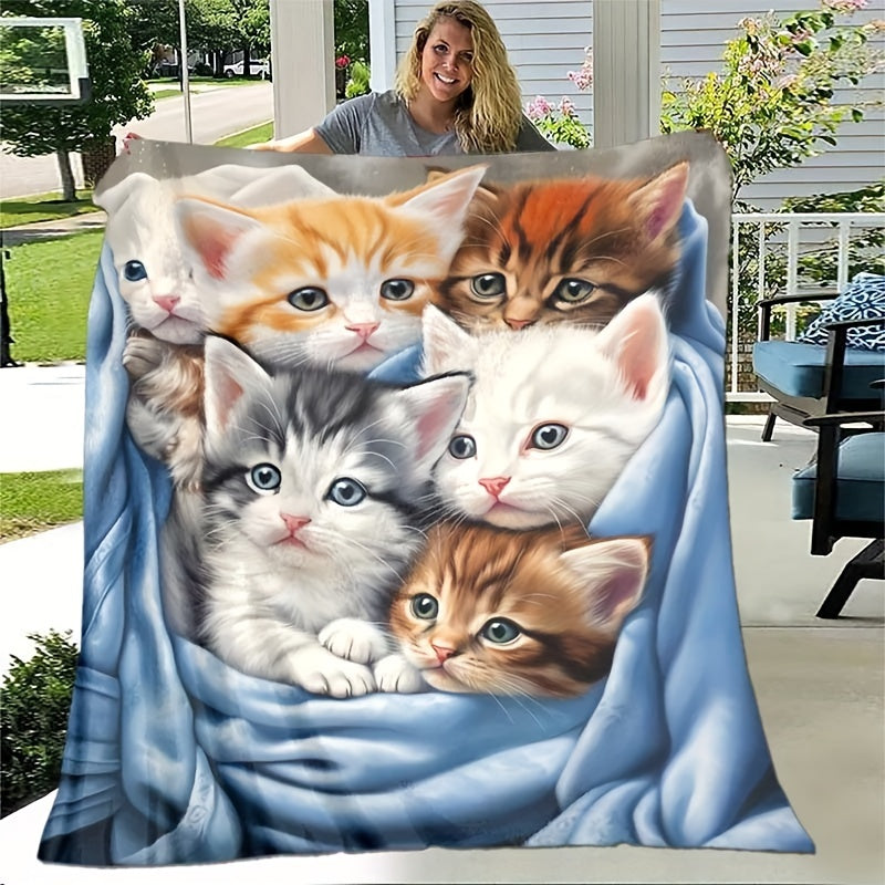 1-piece Cute Cat Thin Blanket - Soft Flannel Blanket Perfect for Sofa, Bed, Travel, Camping, Living Room, Office, and Chair use