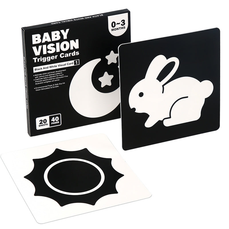 High contrast black and white red cards for visual stimulation and brain development for children up to 6 months. Contains 40 pages of 20 cards.