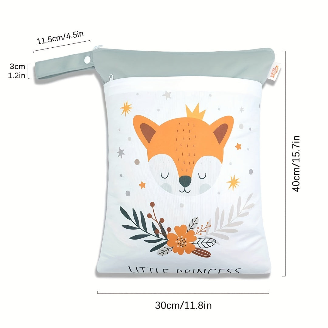 Travel in style with the Mommy Bag Double Zipper Trolley Hanging Bag, a waterproof diaper bag adorned with a cute fox print. This versatile storage bag is perfect for all your travel essentials.