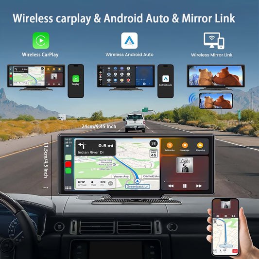 26.06 cm Wireless Carplay Android Auto Portable Car Stereo with 4K Dash Cam IPS Touchscreen, Android Auto Car Play Screen, 1080P Backup Camera, 64G TF Card, Loop Recording, and Mirror Link.