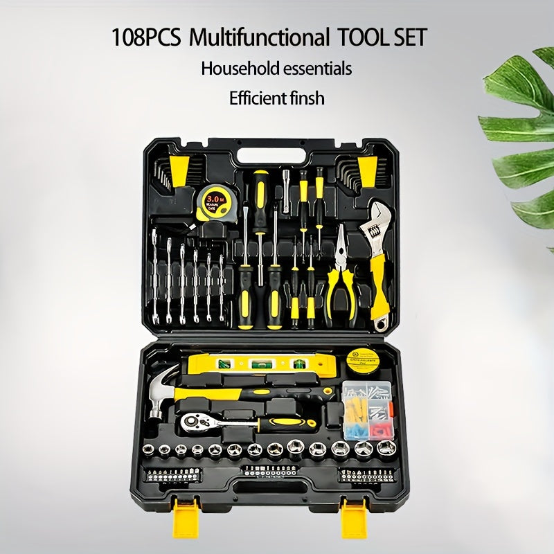 A versatile home repair kit with 108 tools for home renovations and automotive repairs, featuring high-precision wrenches, magnetic screwdrivers, and hex key sets. An excellent gift for