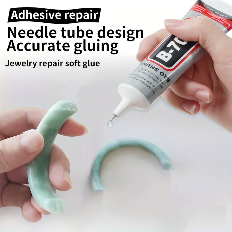 B-7000 is a versatile semi-fluid adhesive with strong bonding properties, suitable for jewelry making, gemstone setting, DIY repairs, and works well on materials like plastic, metal, glass