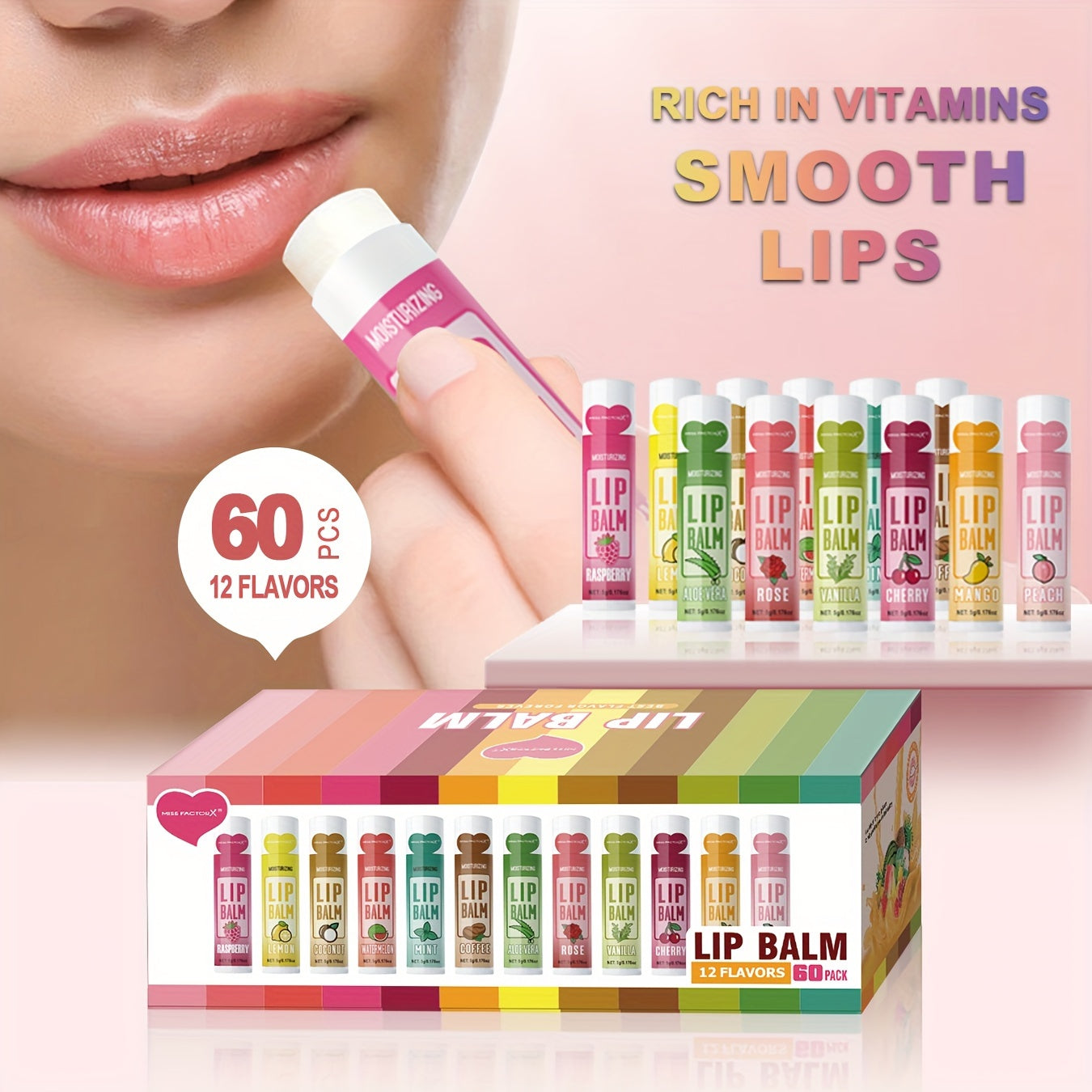 MISS FACTORX 60pcs Luxe Lip Balm Gift Set - Hydrating & Glossy Finish, Vitamin E Enriched, Ideal Valentine's Day Present for Women