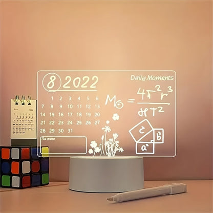 3D Handwritten Night Light with Calendar DIY Writing Board and White Base. Includes stylus for creativity and transparent luminous acrylic message board. LED Table Lamp and creative desktop night light, perfect for giving as a gift.