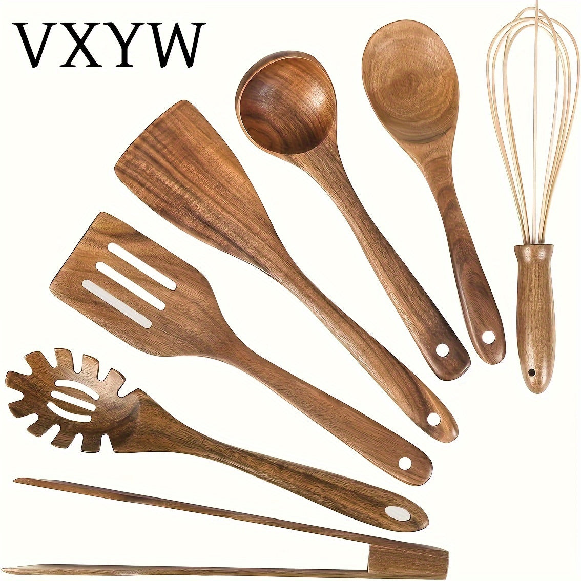 Set of 7 wooden utensils for cooking, including spoons and spatulas. This safety non-stick cookware set is an essential addition to your kitchen gadgets and accessories.