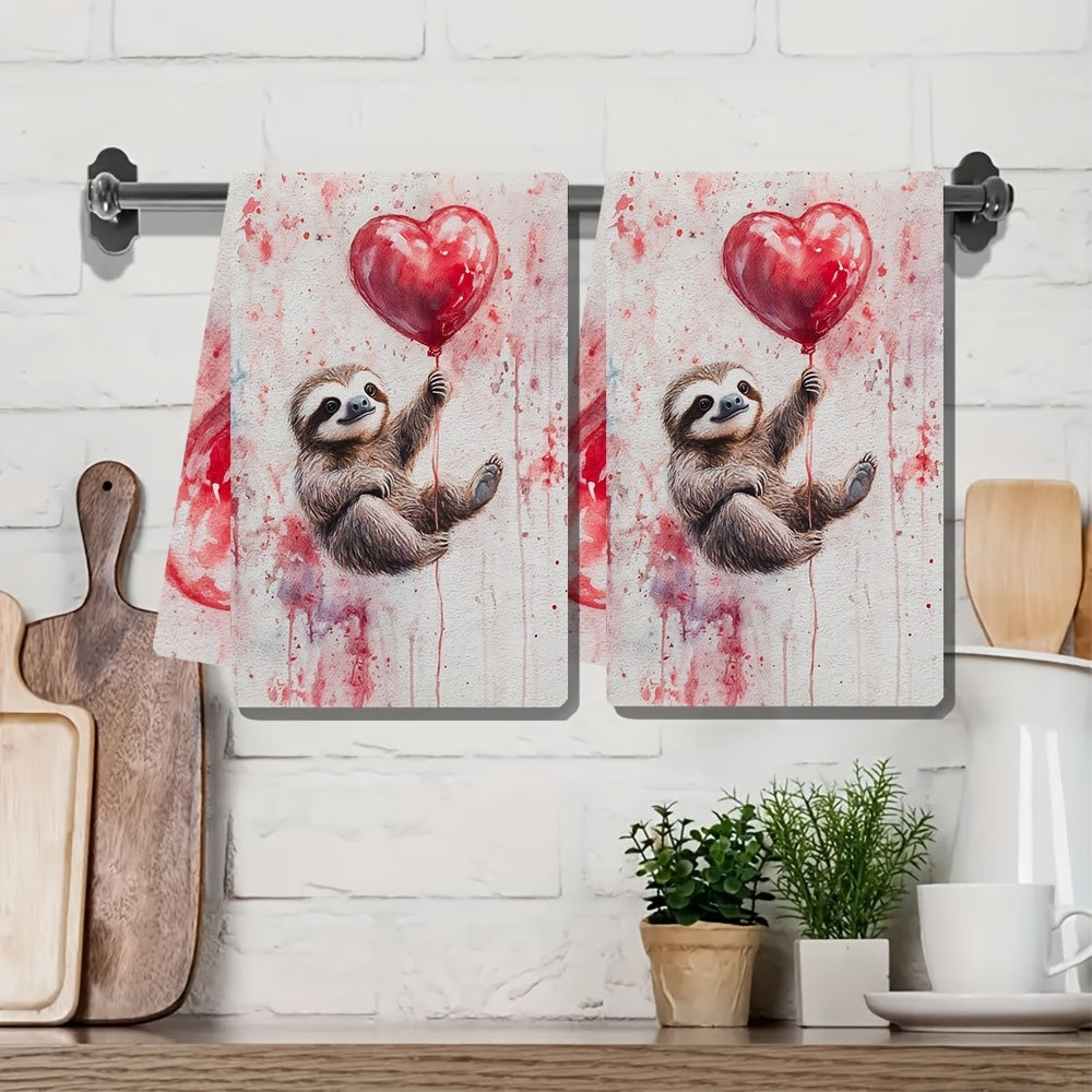 This set includes 2 ultra-soft kitchen towels with a Valentine's Day sloth holding a balloon heart, ideal for holiday decor. The dish and hand towels are highly absorbent, machine washable, and measure 40.64x60.96 cm.