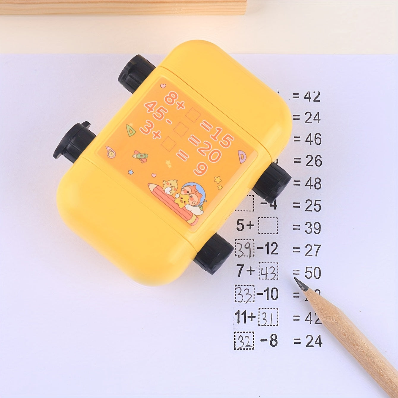 1pc Double Roller Arithmetic Stamp with addition and subtraction, cute cartoon design for math practice. Perfect for school supplies and back to school. Multiple colors available.