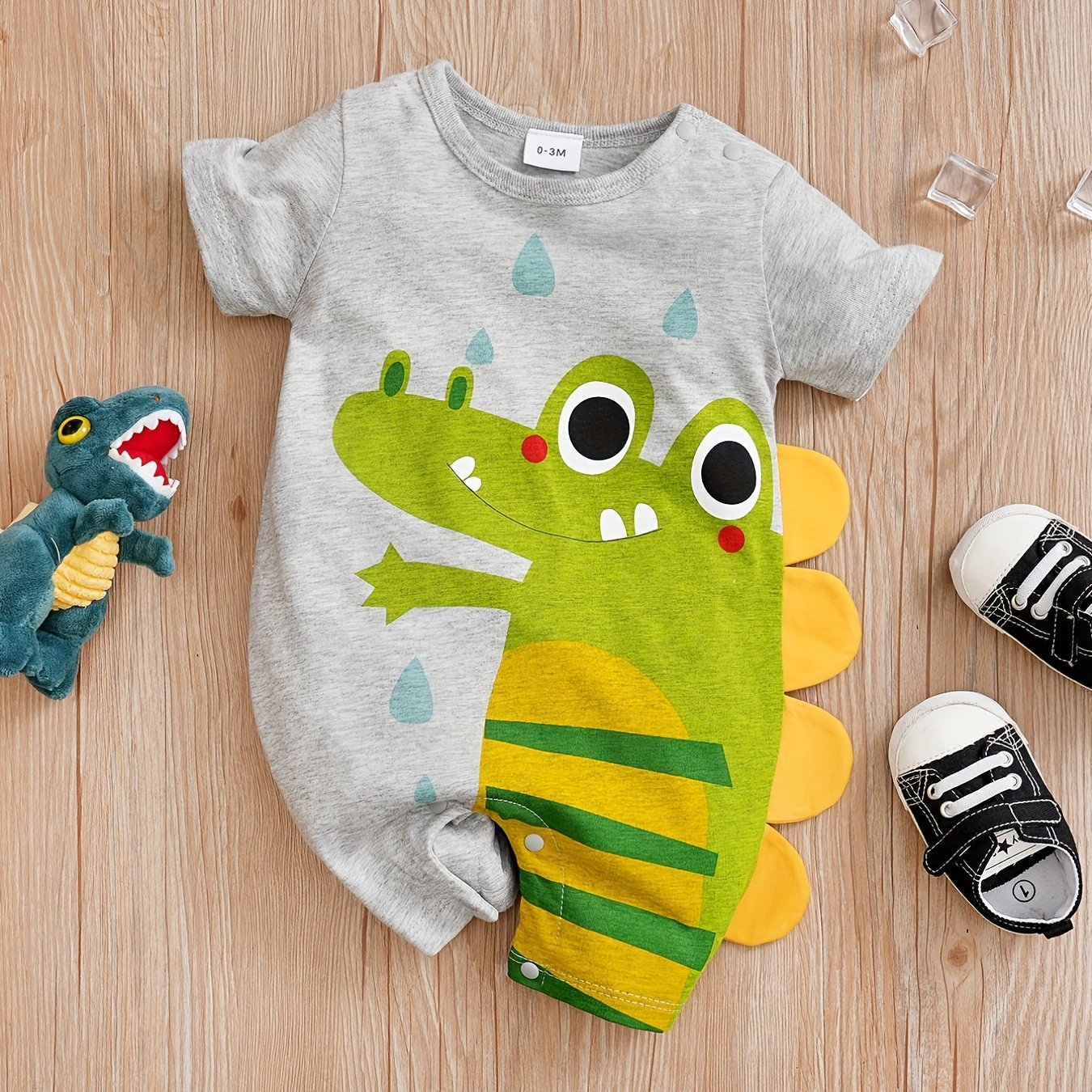 1pc Baby Boys Cotton Jumpsuit with Cute Cartoon Crocodile Print, Regular Fit Knit Fabric Romper ideal for Spring/Summer outdoor activities