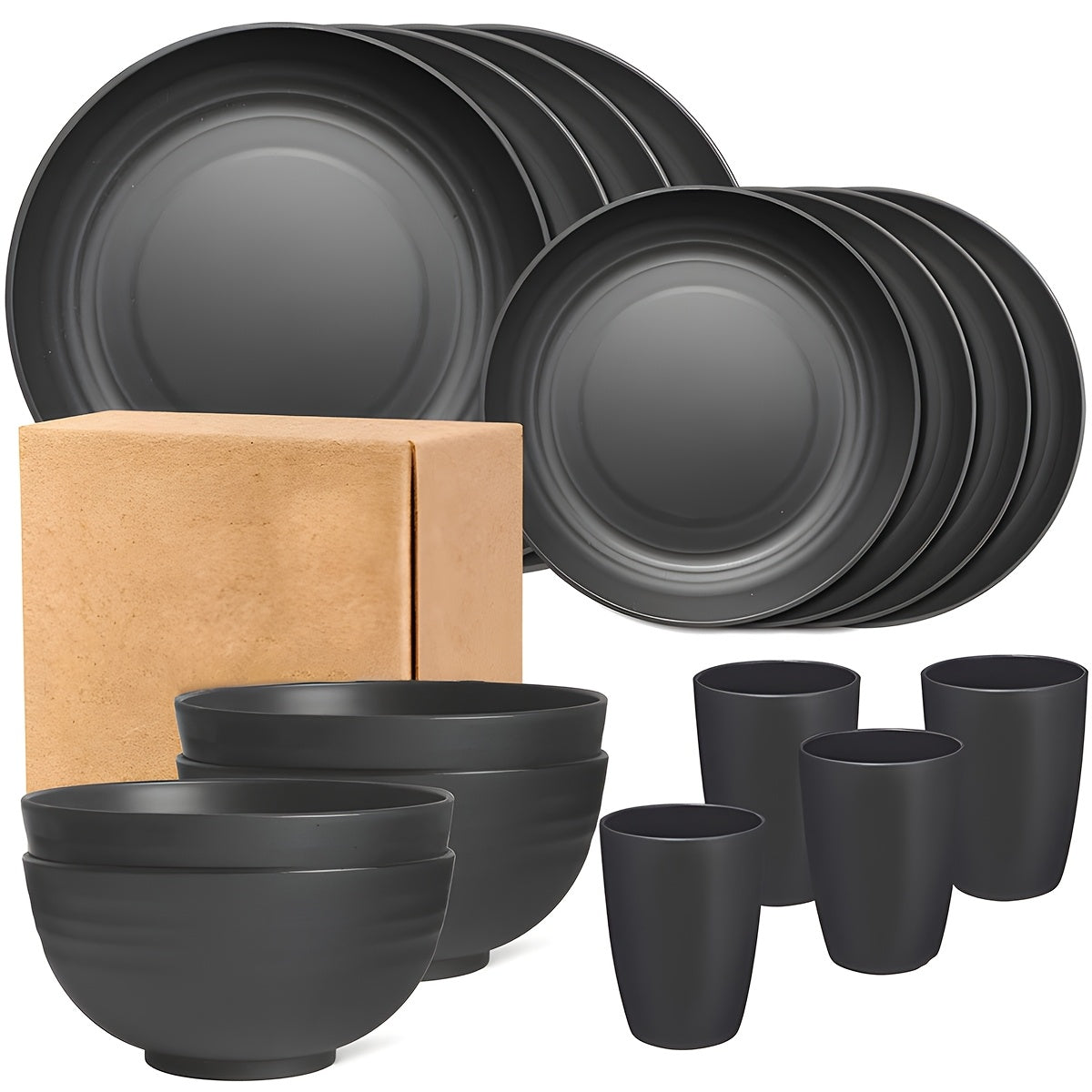 32 matte black plastic kitchen utensils for home and restaurant use, including dinner plates, dessert plates, bowls, and cups.