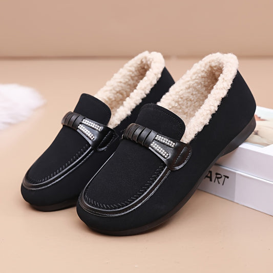 Women's Plush-Lined Loafers with Non-Slip Sole- Black, Warm and Cozy for Winter