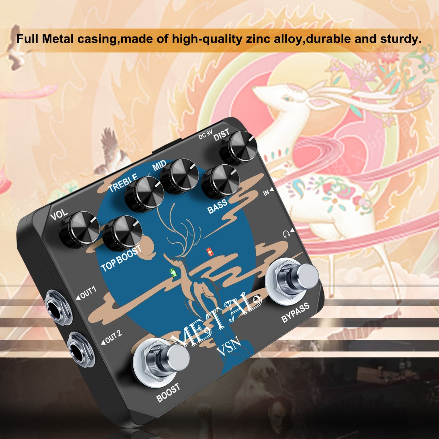 VSN Heavy Metal Distortion Pedal - True Bypass, 80s & 90s Tones, Earphone Output, Durable Aluminum Alloy