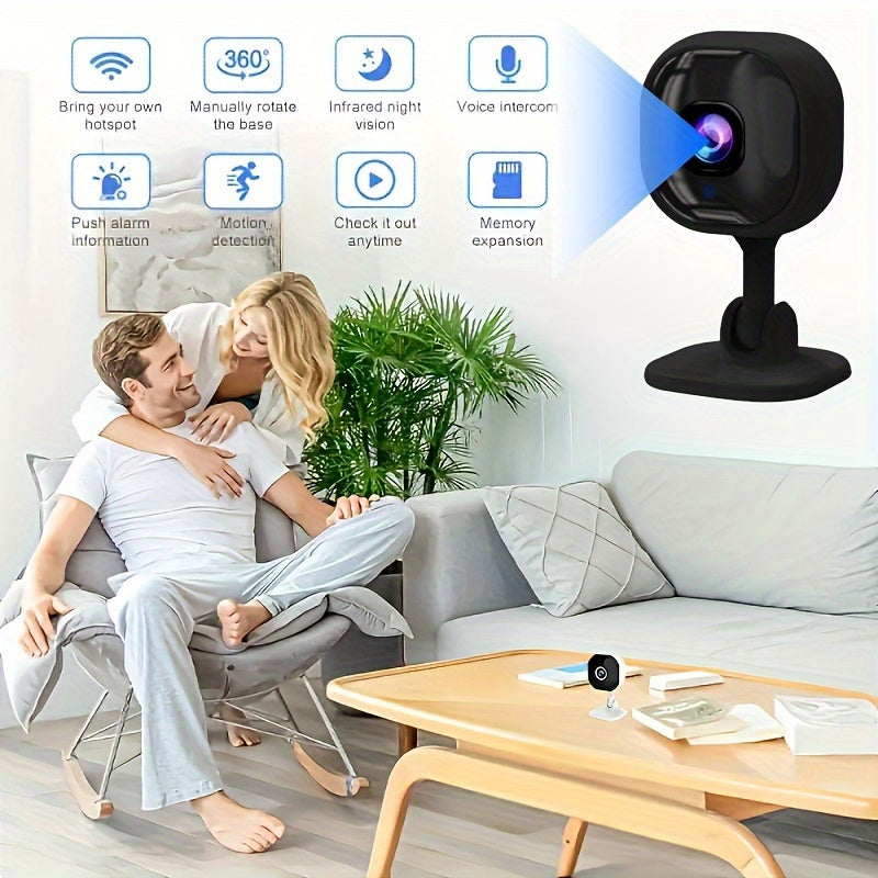 Home surveillance camera with wireless 2.4G WiFi connectivity, night vision, motion detection, instant alert capabilities, two-way audio, remote monitoring, and 480p video quality. USB powered for easy setup, designed for home and pet security, suitable