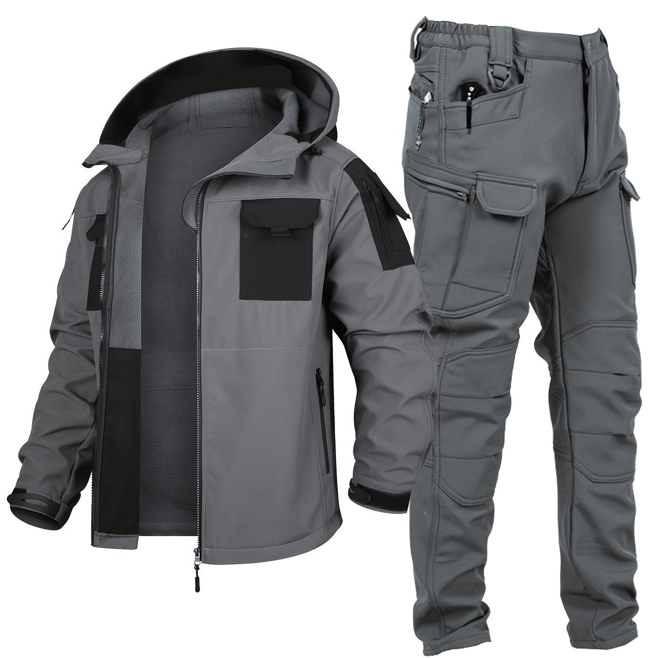 Men's outdoor hiking jacket and pants set, windproof, warm, multi-pocket gear for cycling and climbing, made of machine washable polyester.