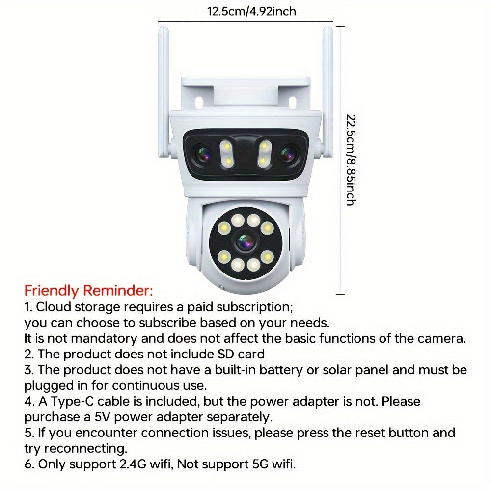 The ZHXINSD Triple Lens Outdoor Security Camera features wireless connectivity, color night vision, and auto tracking capabilities. With 2.4G WiFi compatibility, app control, and USB power supply, it is an essential home surveillance system.