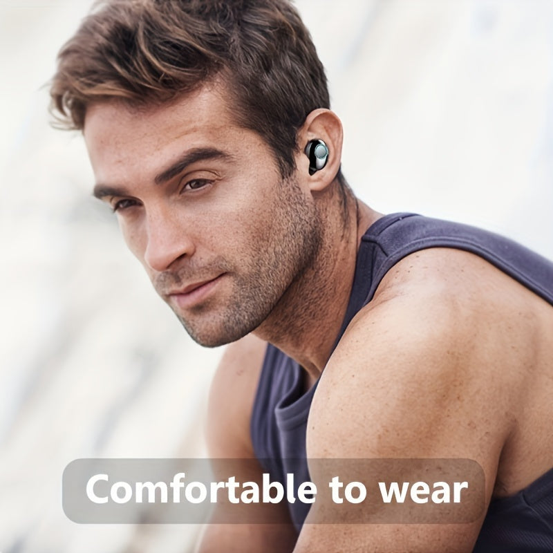 Wireless in-ear headphones with microphone for Android and iOS, long battery life, noise cancellation, volume control, and USB charging.