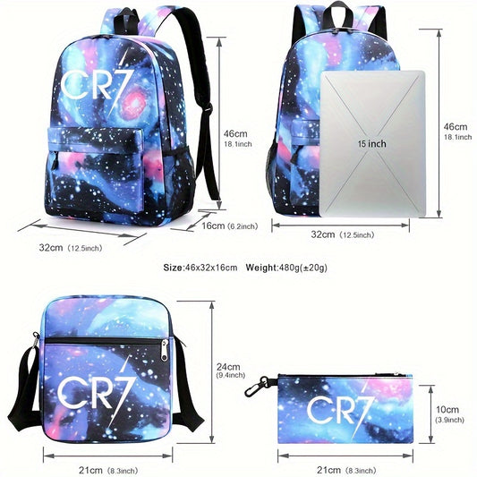 CR7-inspired men's backpack set includes 3 pieces: backpack, crossbody pouch, and pen case. Lightweight and spacious, perfect for school or commuting. Made of durable polyester, hand