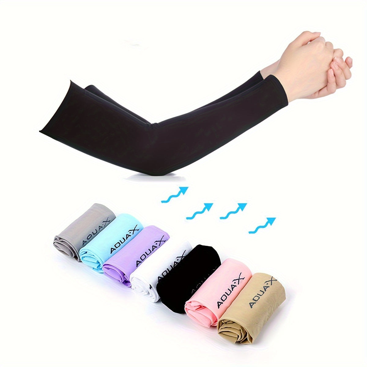 Protective arm sleeves made of high-elastic nylon ice fabric provide UV protection for various outdoor activities such as driving, fishing, running.