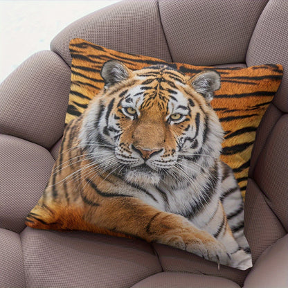 Tiger-themed plush pillow cover, 45.72x45.72 cm, zippered with single-sided print, ideal for sofa or bedroom, machine washable.