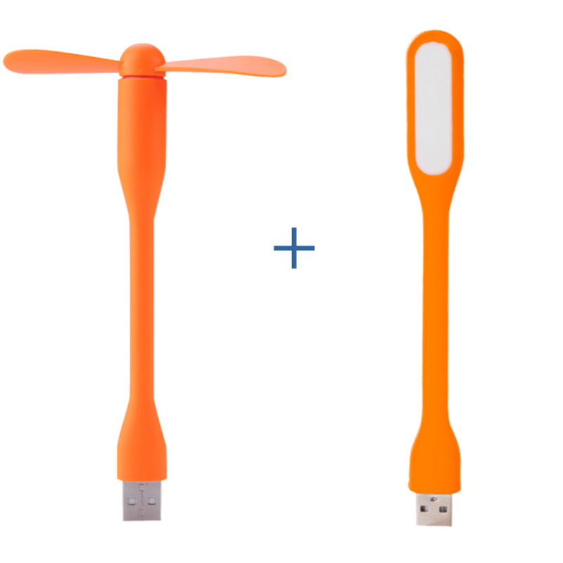 Mini USB fan with flexible bendable design for cooling, includes USB LED light for power bank, notebook, and computer. A summer gadget.