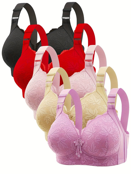 5 ESSELEGANCE Push-Up Bras: Adjustable, Comfortable Fit with Floral Lace Detail, V-Neck, Nylon/Elastane Blend, Machine Washable - Colors: Black, Red, Beige, Pink, Purple.